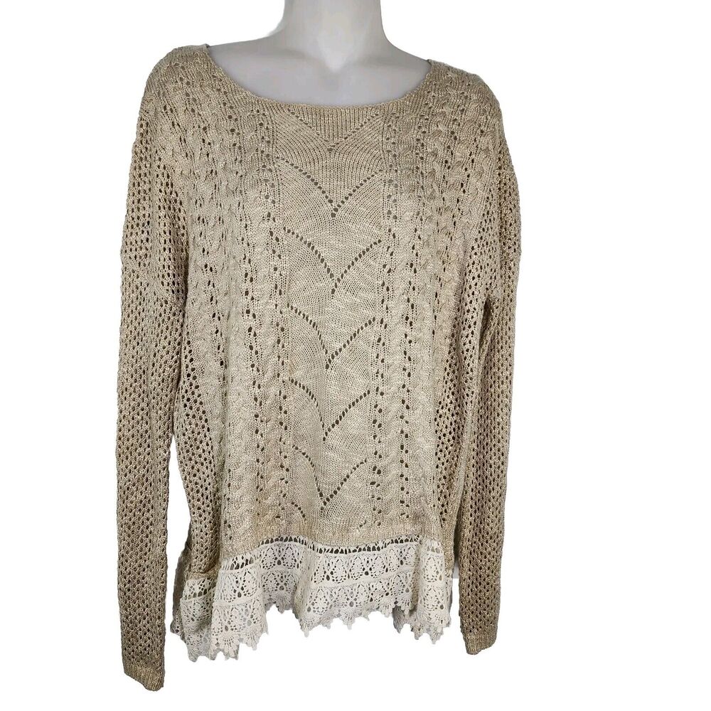 Jolt Womens Sweater Large Tan Open Knit Lace Hem Pullover Long Sleeve Round Neck